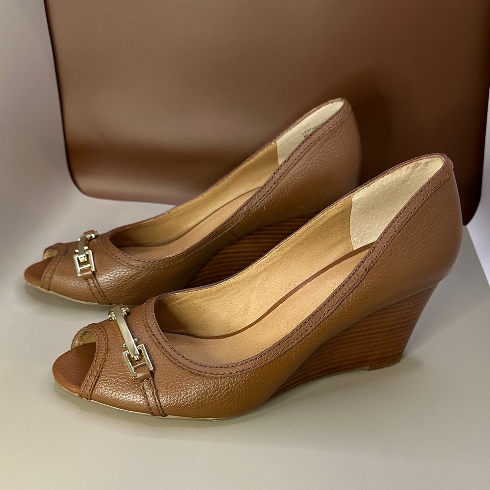 Saks Fifth Avenue Brown Peep-Toe Wedges - Picture 3 of 8